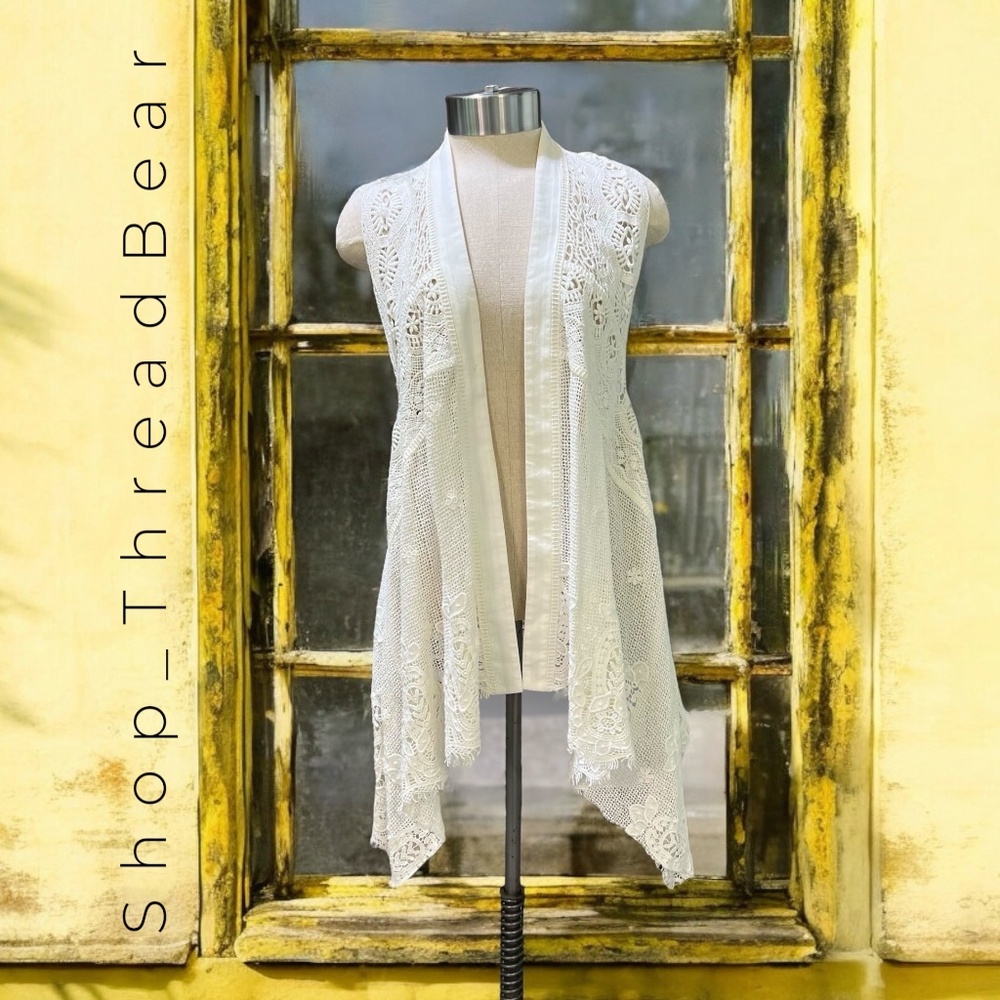 EUC Meadow Rue {Anthro} 100% Cotton White Crochet Lace Open Draped Vest | XS · S